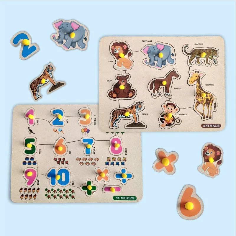 2 in 1 Wooden Number and Wild Animal Puzzles for Kids