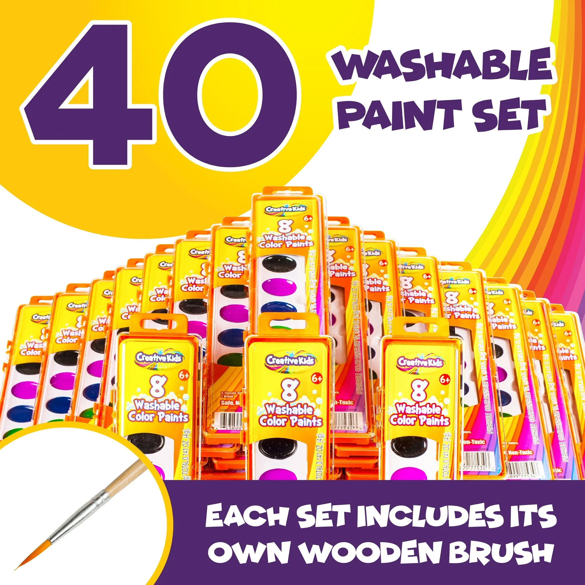 Bulk Classroom Watercolor Paint & Brush Sets - 40 Pack