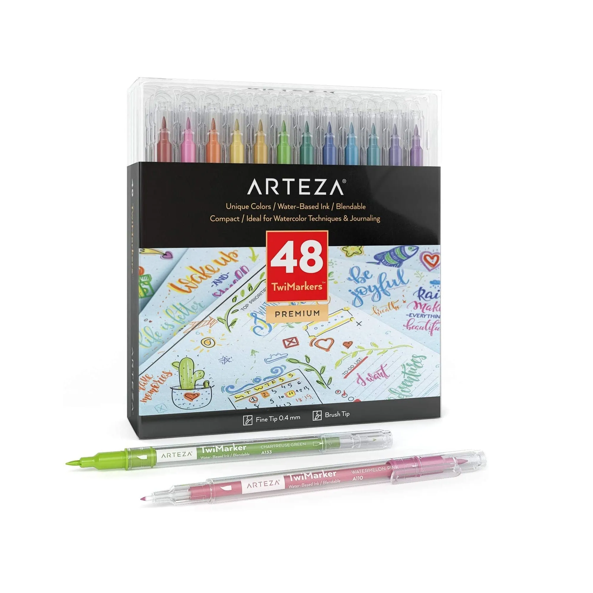 Dual Brush Pens | Set of 48 Colors | Sketch Markers with Fine & Brush Tips