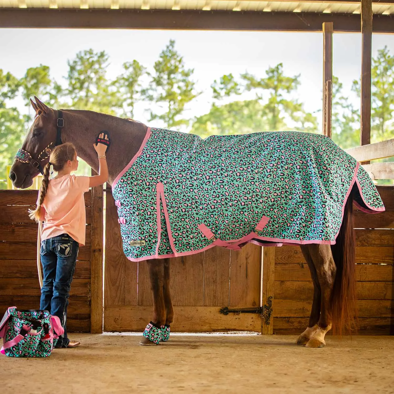 In Stock Now! Jeffers Expression 1200 Denier Standard Neck Turnout Blanket, 240 Gram, Party Cheetah