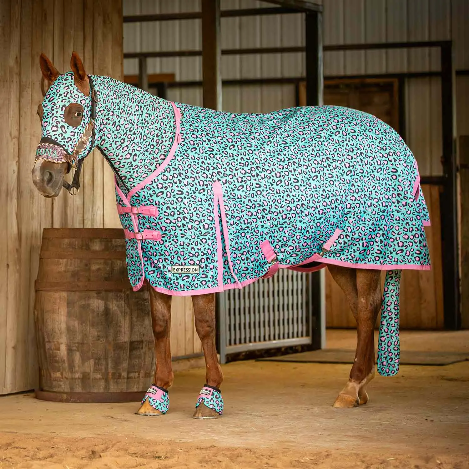 In Stock Now! Jeffers Expression 1200 Denier Standard Neck Turnout Blanket, 240 Gram, Party Cheetah