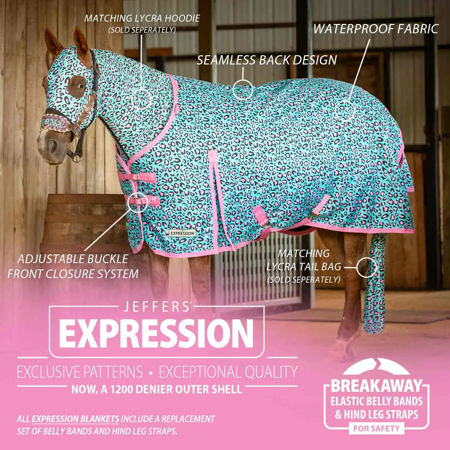 In Stock Now! Jeffers Expression 1200 Denier Standard Neck Turnout Blanket, 240 Gram, Party Cheetah